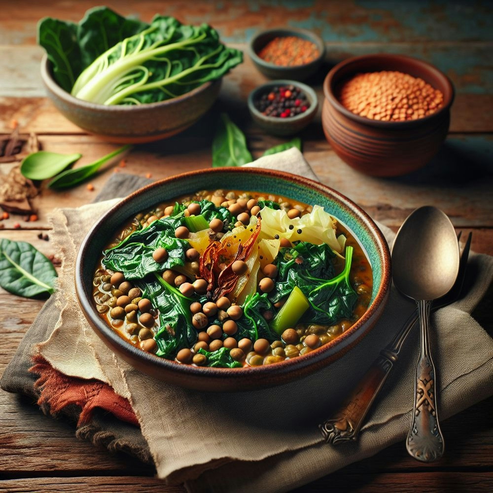 Hearty Vegetarian Lentil Stew with Chard and Cabbage