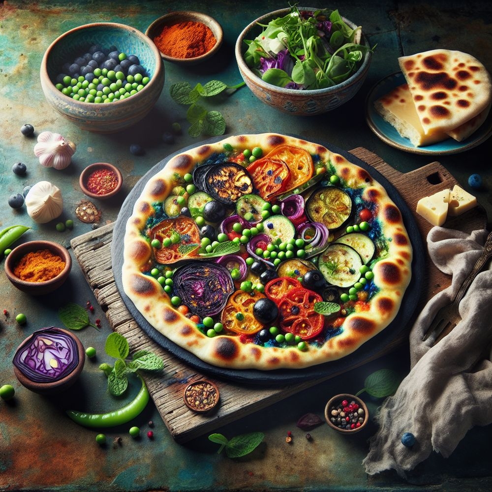 Colorful Mediterranean Flatbread with Pea and Blueberry Salad