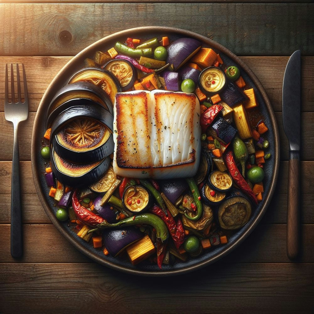 Pan-Seared Cod with Eggplant and Spicy Vegetable Stir-Fry
