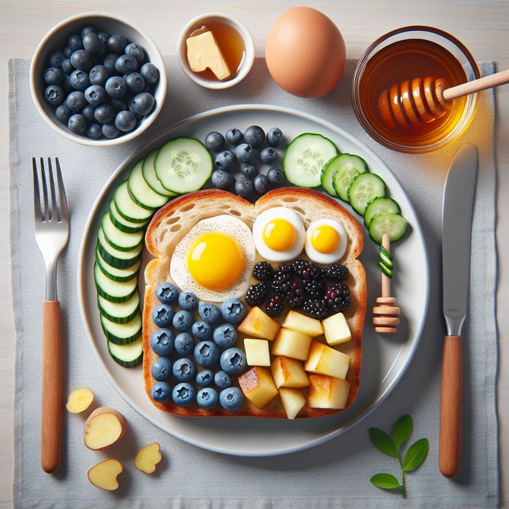 Blueberry Honey Egg Toast with Cucumber and Potato