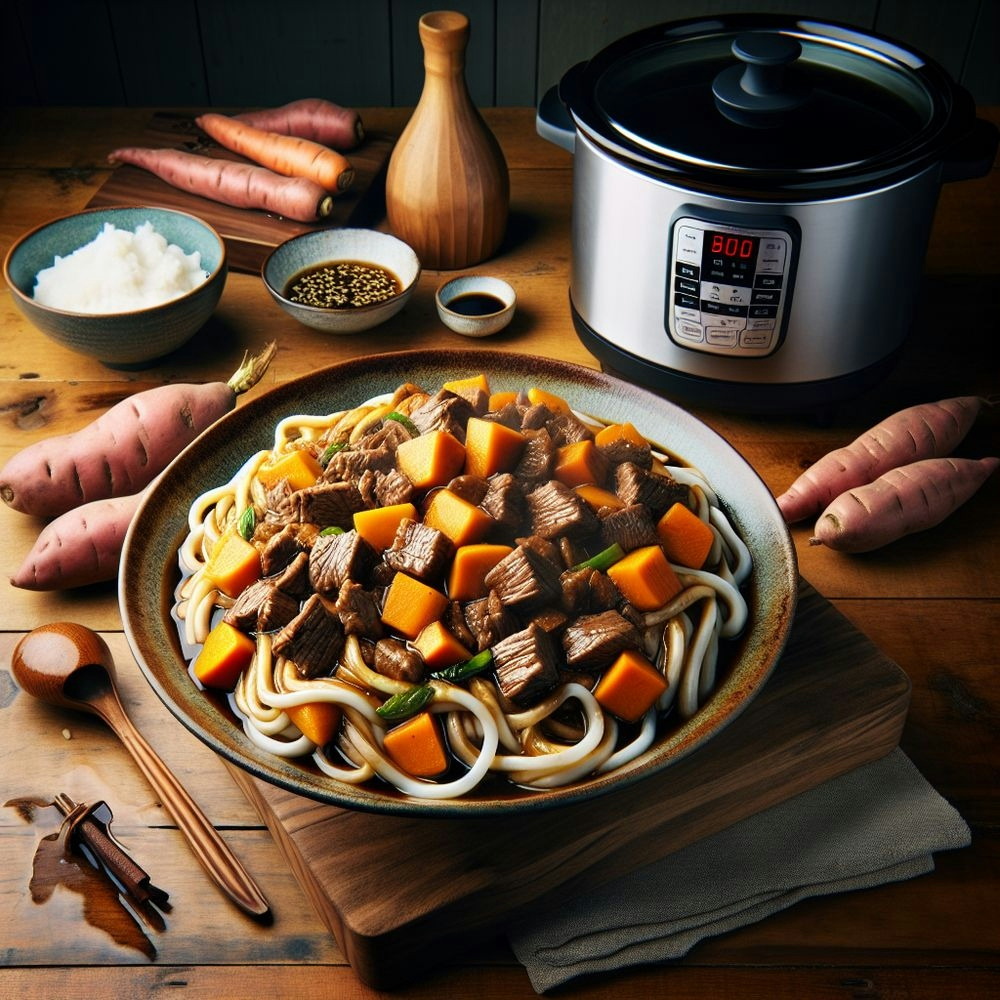 Slow Cooker Yaki-Udon Stir Fry with Sweet Potato and Beef