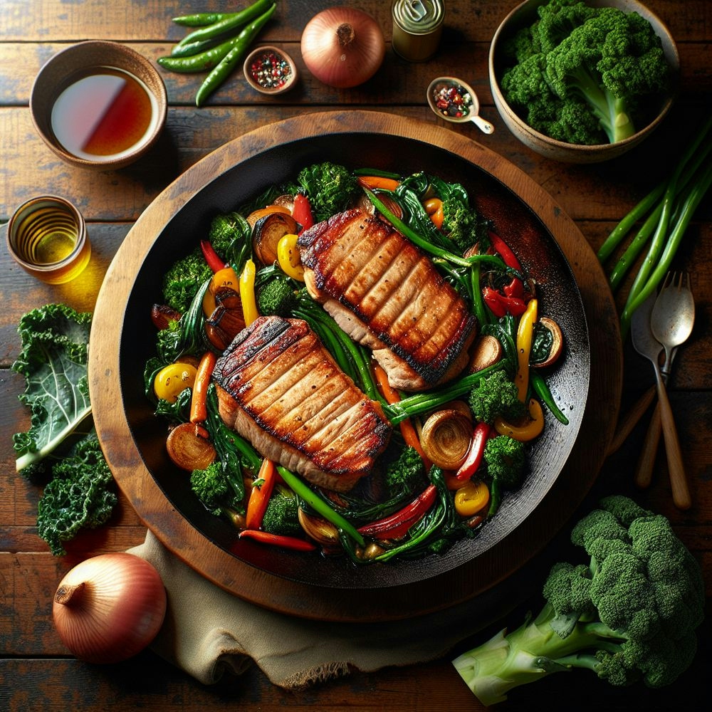 Pan-Seared Pork Loin with Kale and Canned Vegetable Stir-Fry