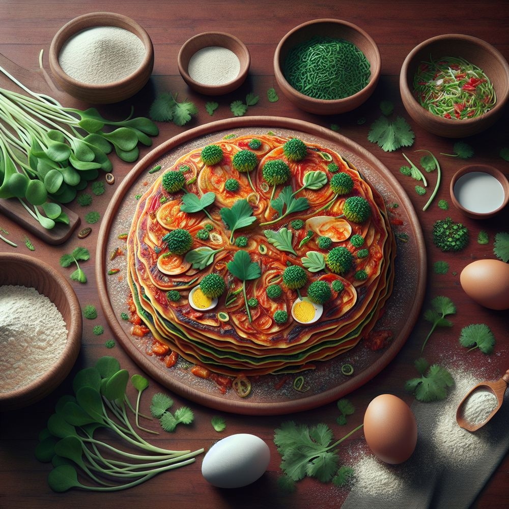 Kimchi Egg Flour Pancakes with Watercress and Cilantro