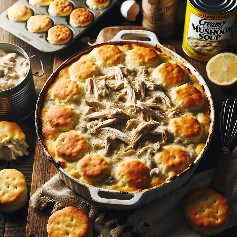 Creamy Mushroom Chicken Biscuit Bake