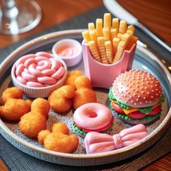 Kirby-Themed Meal: Kirby Hamburger, Kirby Fries, and Kirby Chicken Nuggets