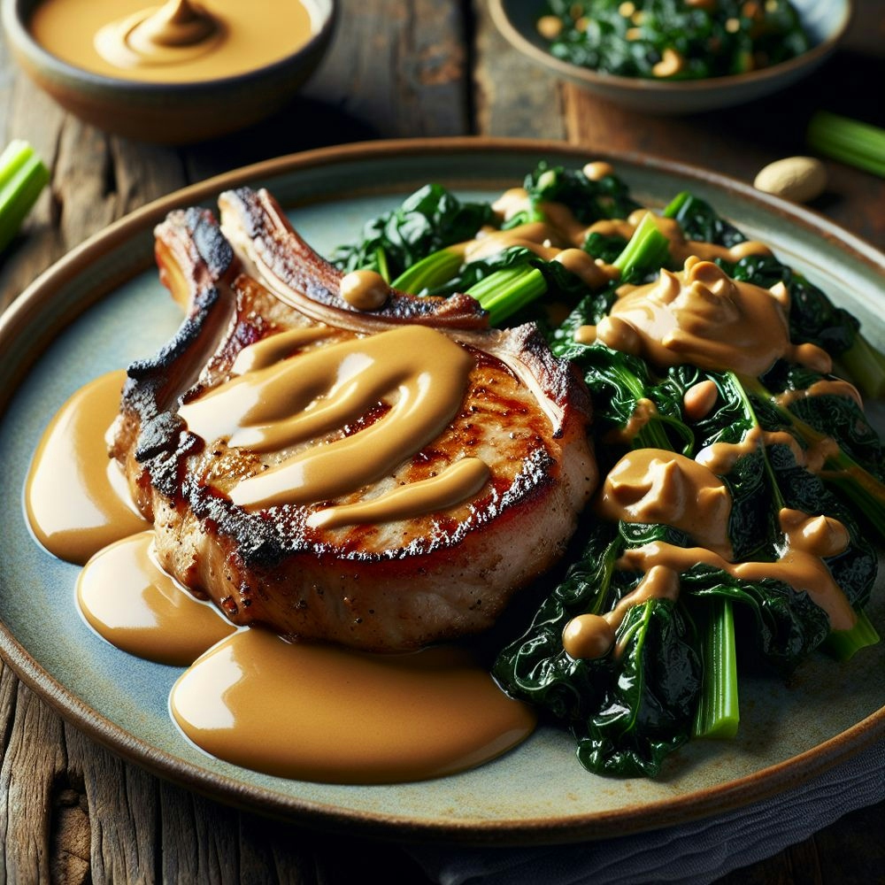 A Comforting Low-Carb Delight: Pan-Seared Pork Chops with Chard and Peanut Butter Sauce