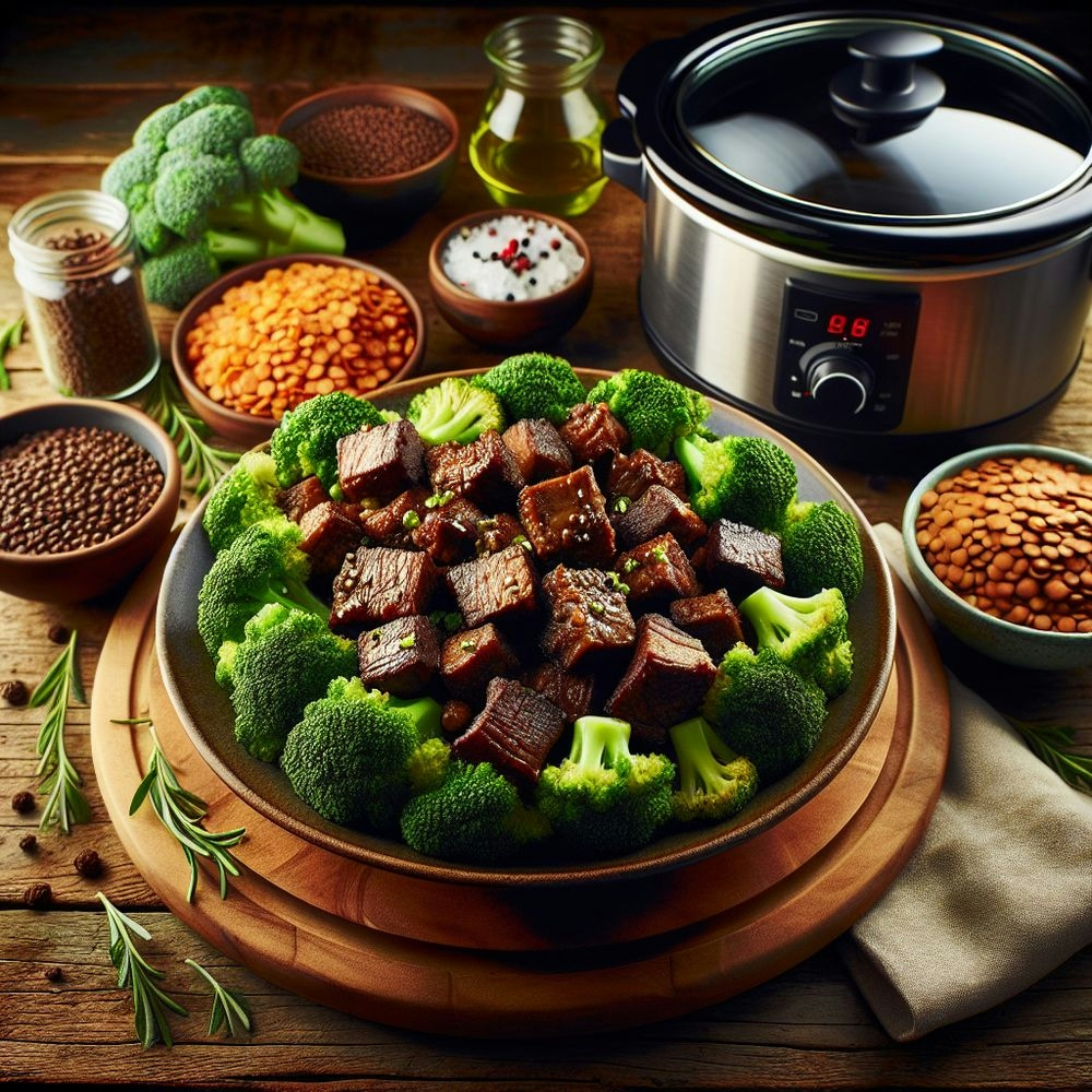 Keto Crockpot Burnt Ends and Broccoli with Lentils
