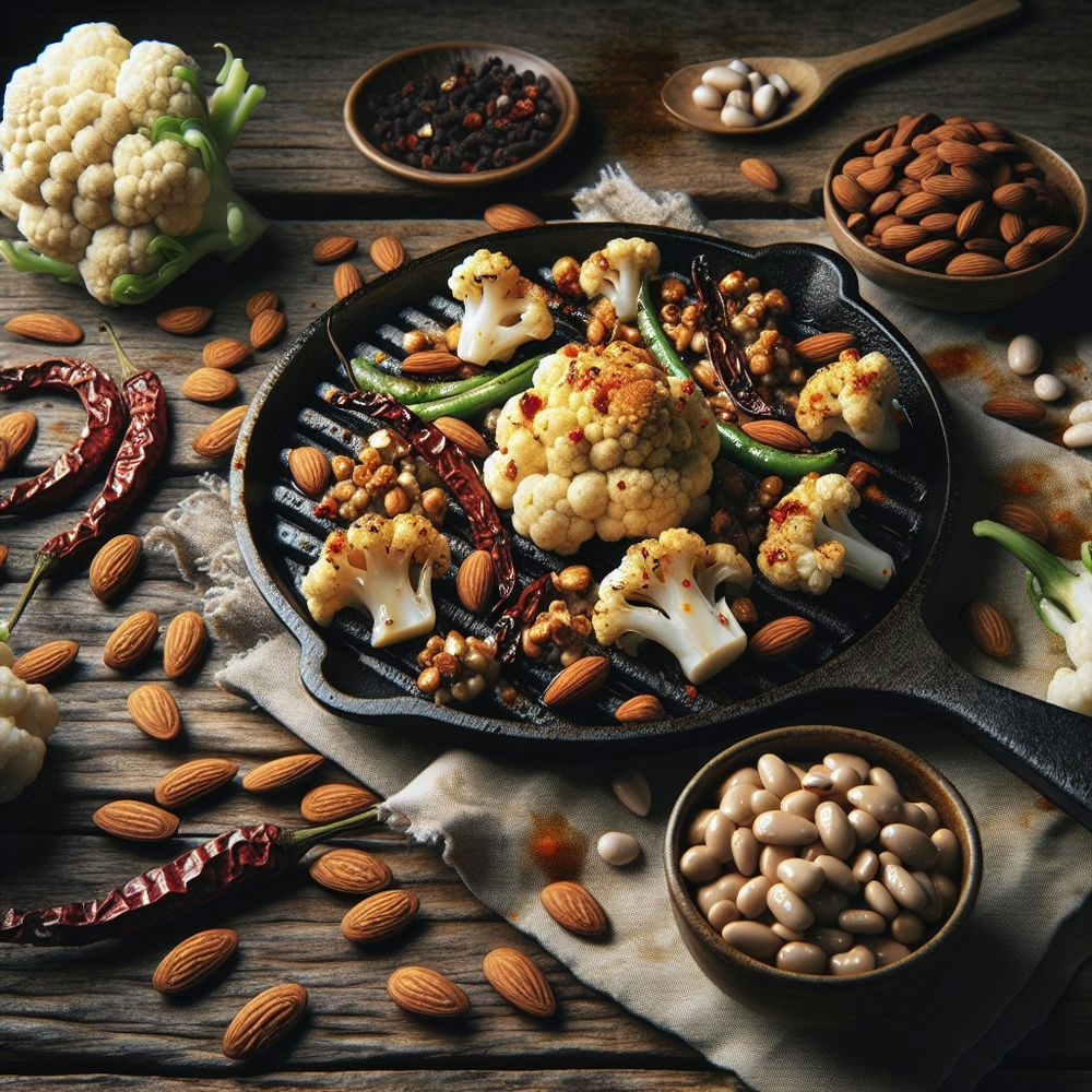 Sizzling Sichuan Cauliflower with Spicy Almonds and Crunchy Beans