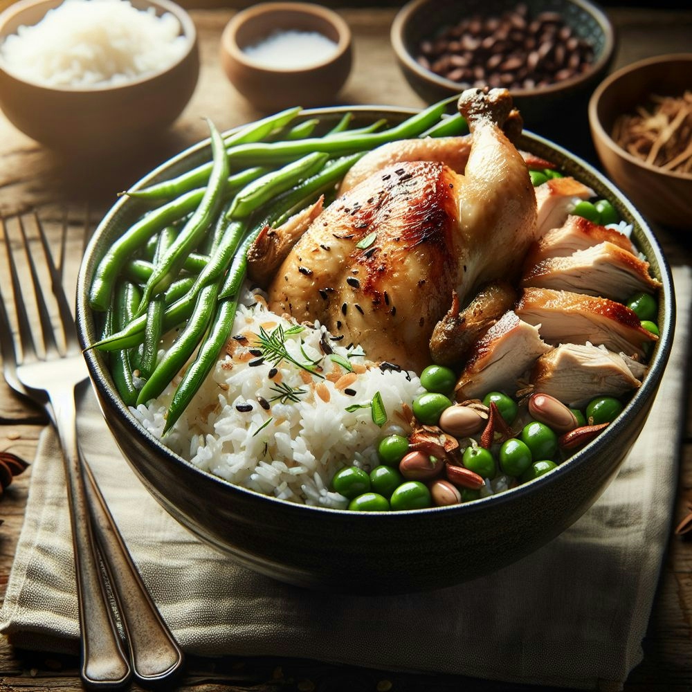 Coconut Green Bean Rice Bowl with Roasted Chicken