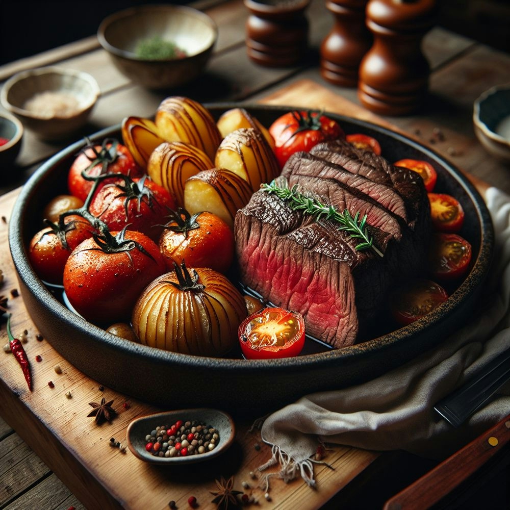 Japanese-Inspired Beef Tenderloin with Tomato and Potatoes