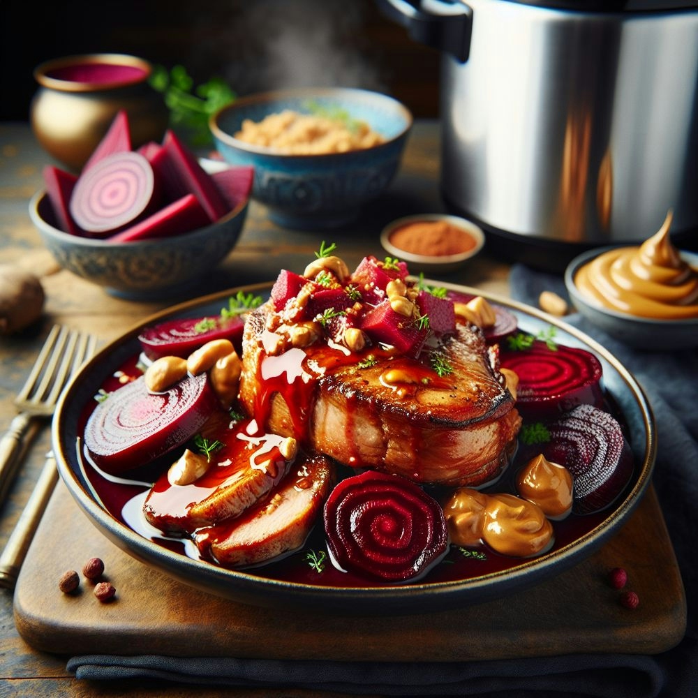 Pressure Cooked Pork Chops with Beet-Peanut Butter Glaze