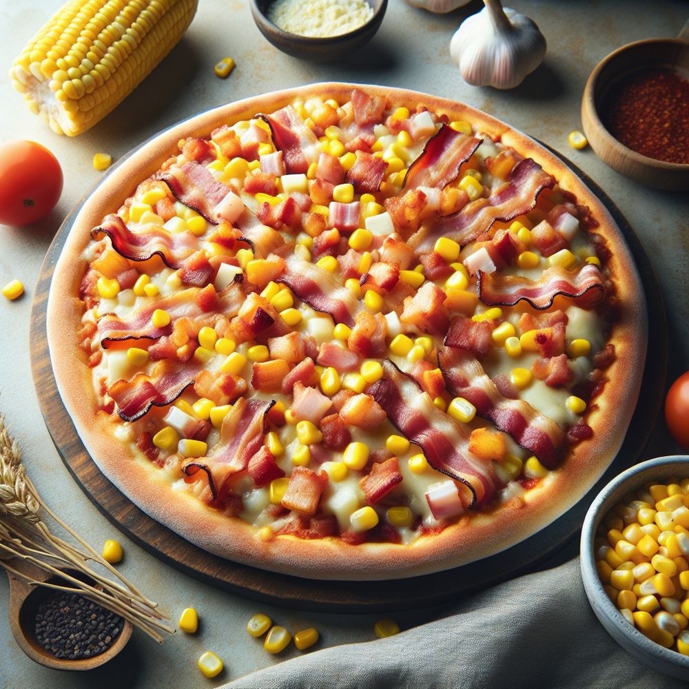 Bacon, Corn, and Cheese Pizza