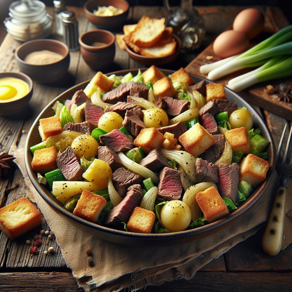 Beef and Turnip Salad with Mustard Dressing and Butter Croutons