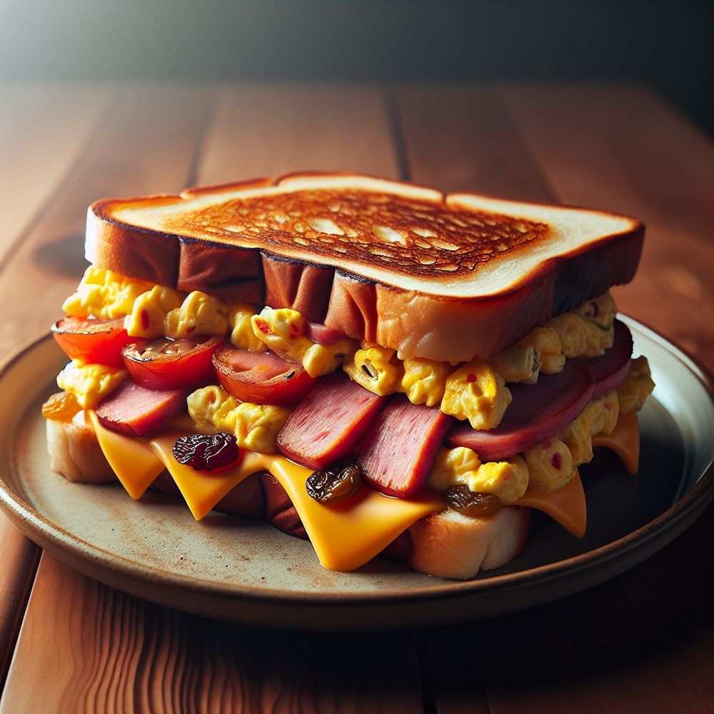 Spam, Egg, Tomato, and Raisin Grilled Cheese Sandwich