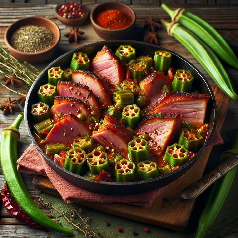 Spicy Ham and Okra Skillet