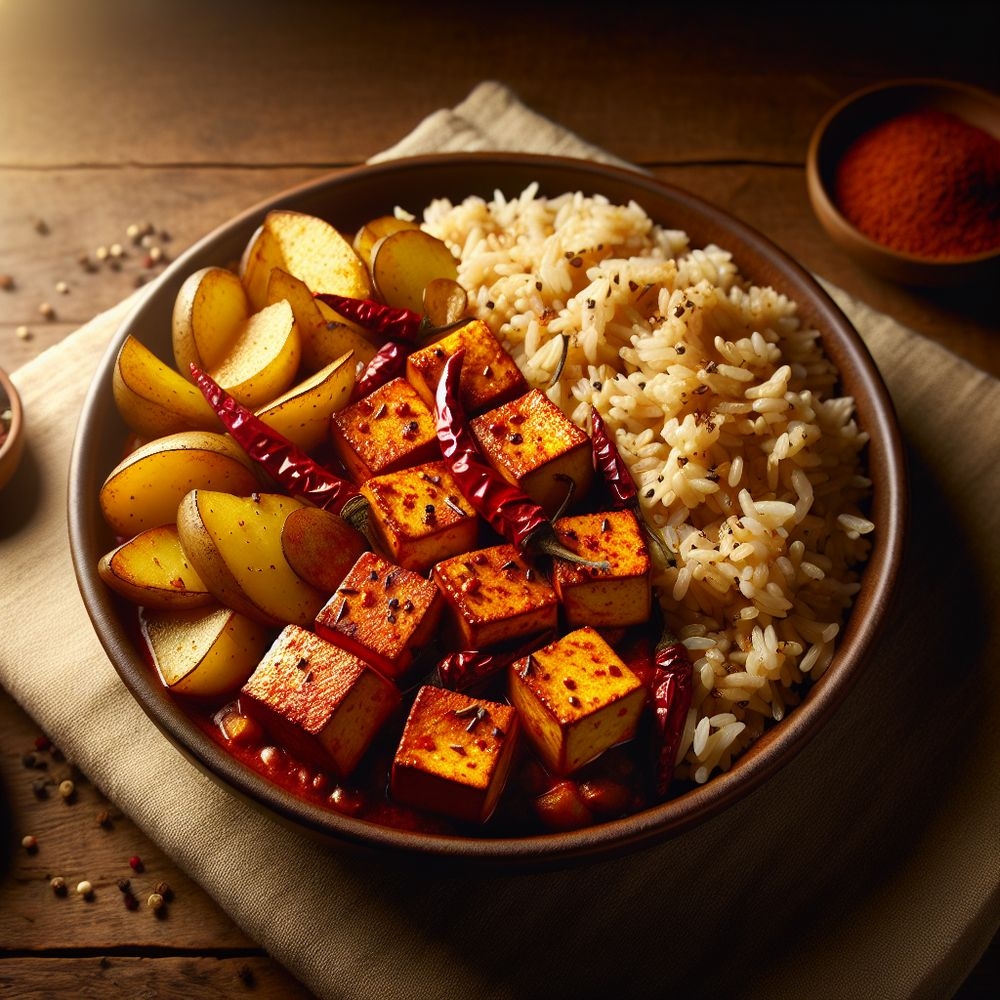 Spicy Butter Tofu with Potatoes and Brown Rice