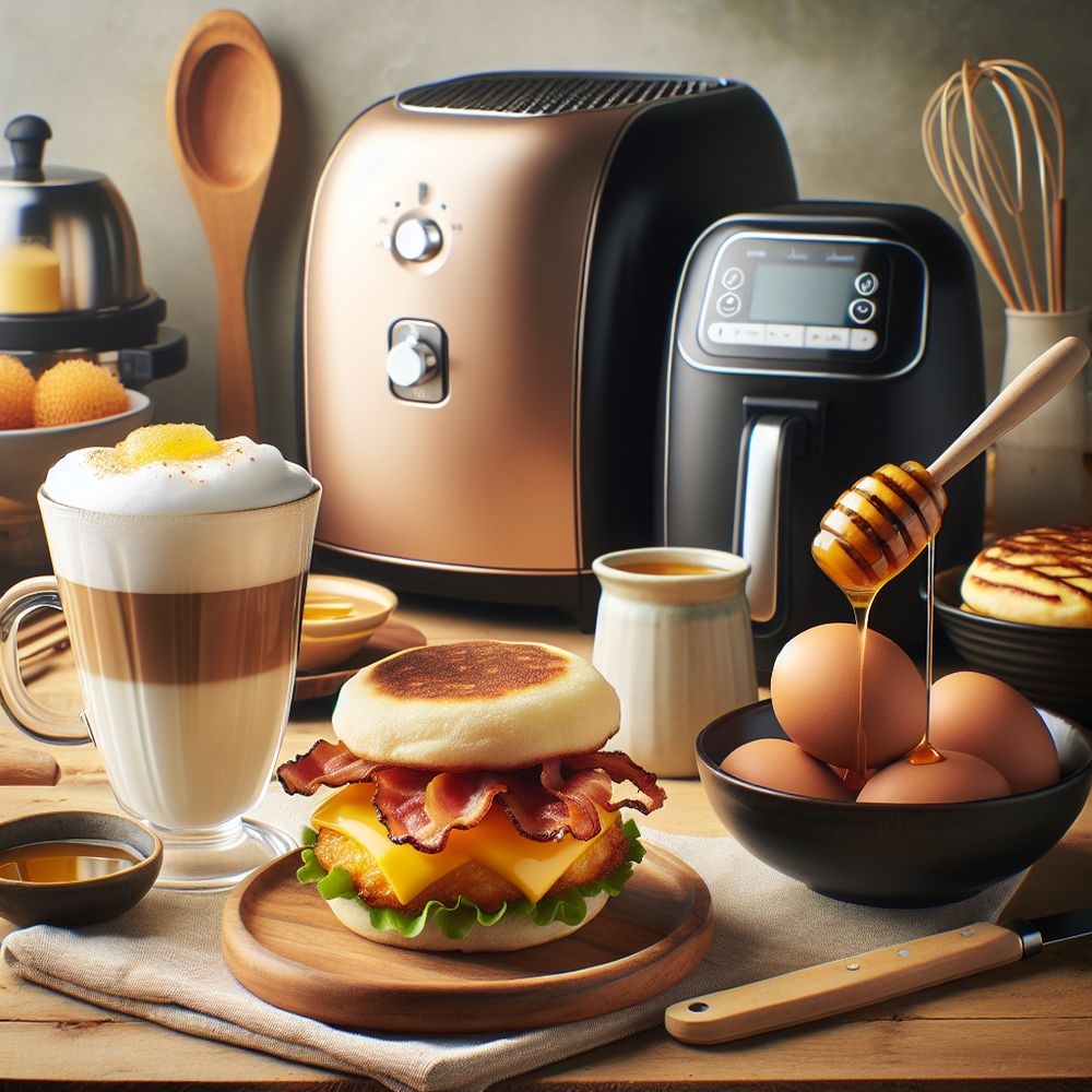 Air Fryer Breakfast Sandwiches with Frothy Honey Latte