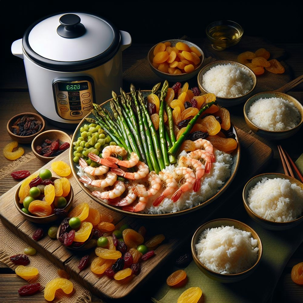 Shrimp and Asparagus Stir-Fry with Dried Fruits and Rice