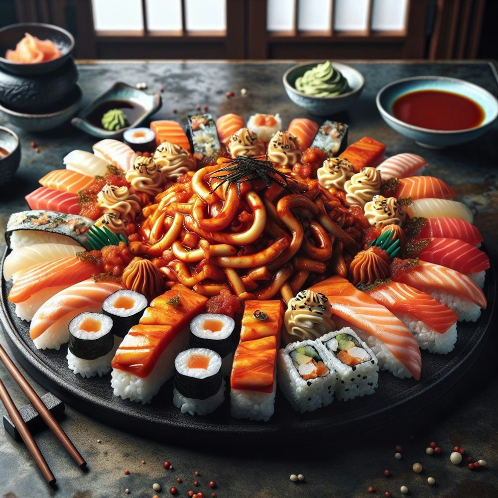 Fiery Salmon Tteokbokki with Wasabi Sushi