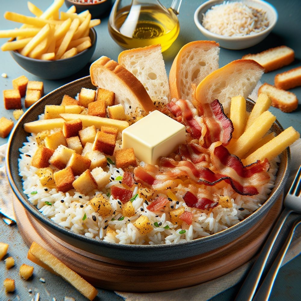 Butter Bacon Rice with Pumpernickel Croutons and Fries