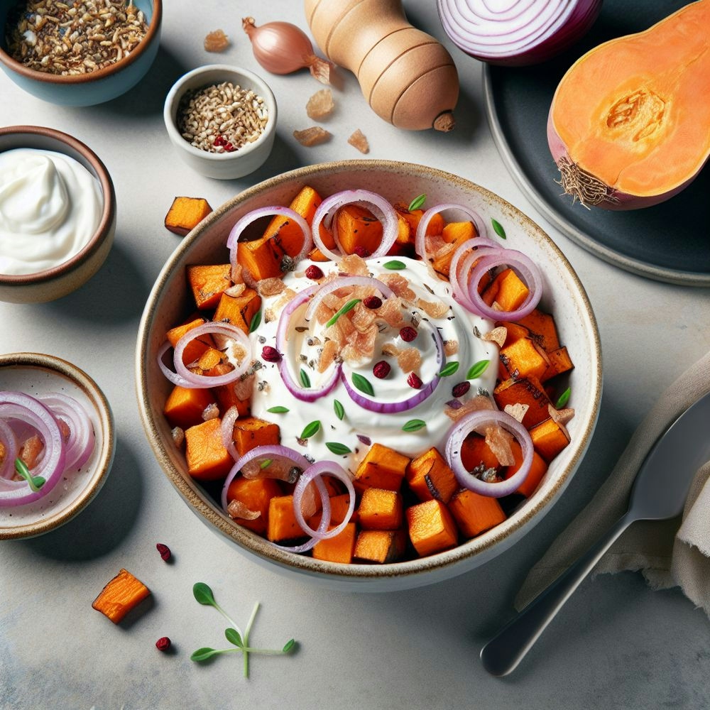 Air-Fried Sweet Potato and Onion Greek Yogurt Bowl