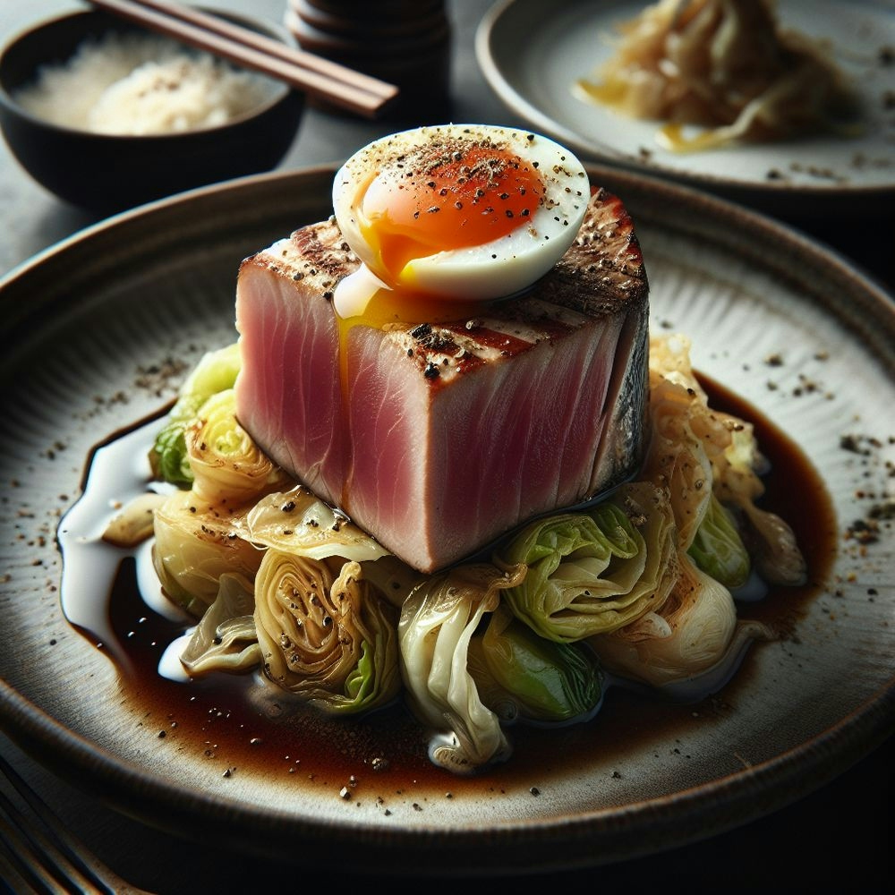 Pan-Seared Tuna with Braised Cabbage and Sous Vide Egg