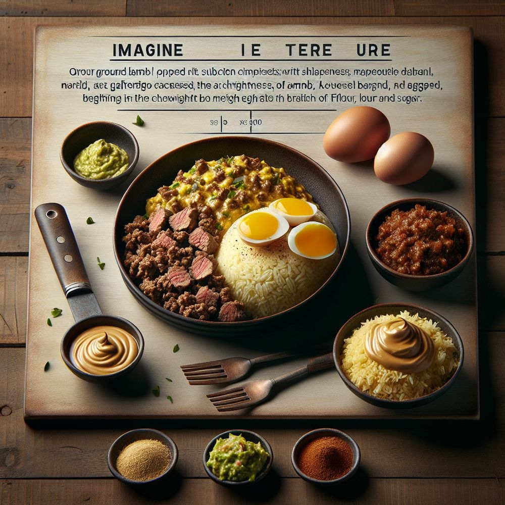 Lamb and Rice with Galfredo Sauce and Guacamole Eggs