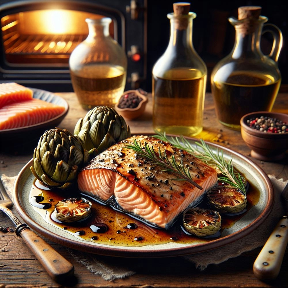 Baked Salmon with Artichoke and Balsamic Glaze