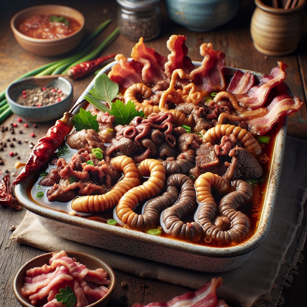 Deep Fried Grilled Beef Large Intestines with Bacon and Meat Soup