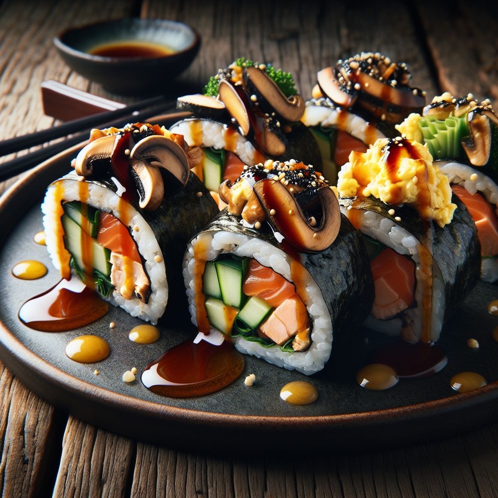 Spicy Salmon and Mushroom Sushi Rolls