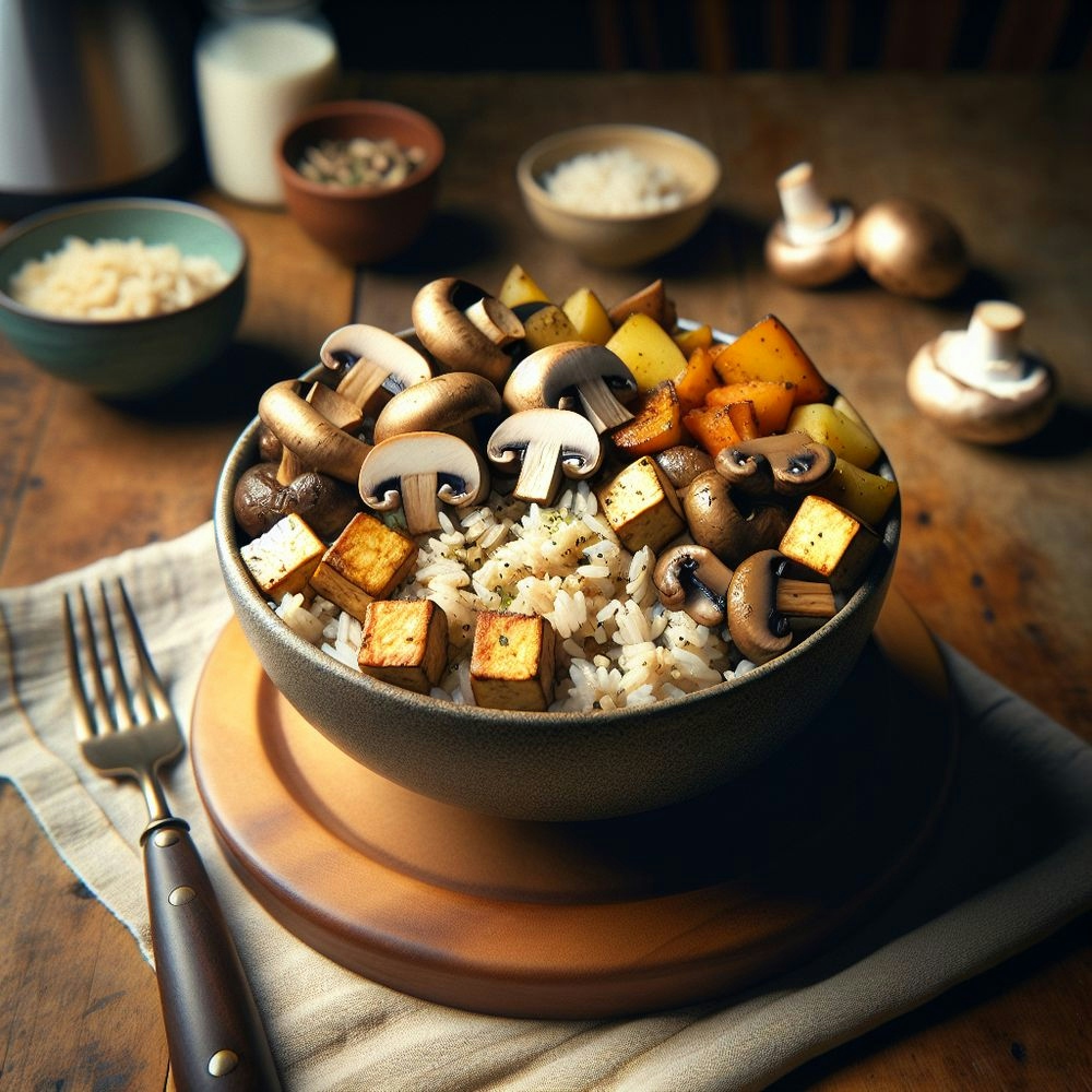 Greek-Inspired Tofu and Mushroom Rice Bowl