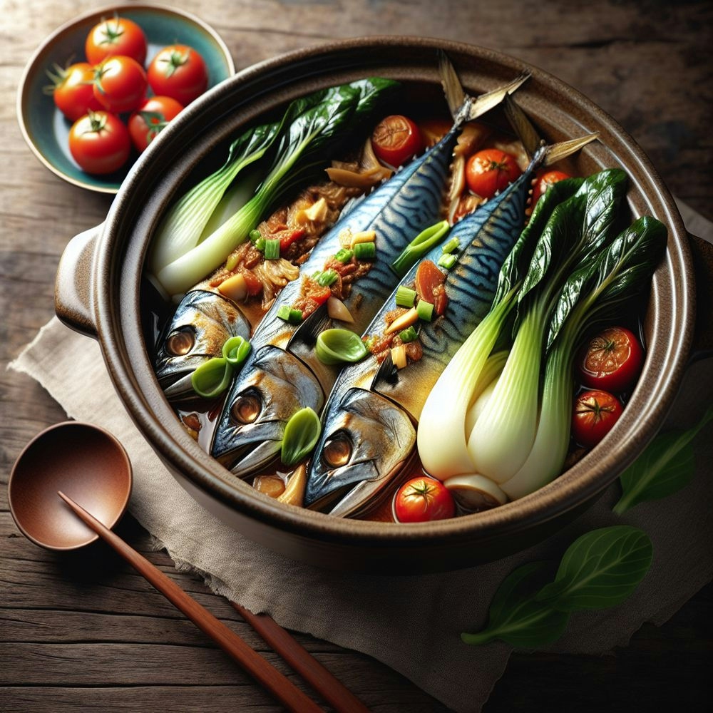 Braised Mackerel with Bok Choy and Canned Tomatoes in a Crockpot