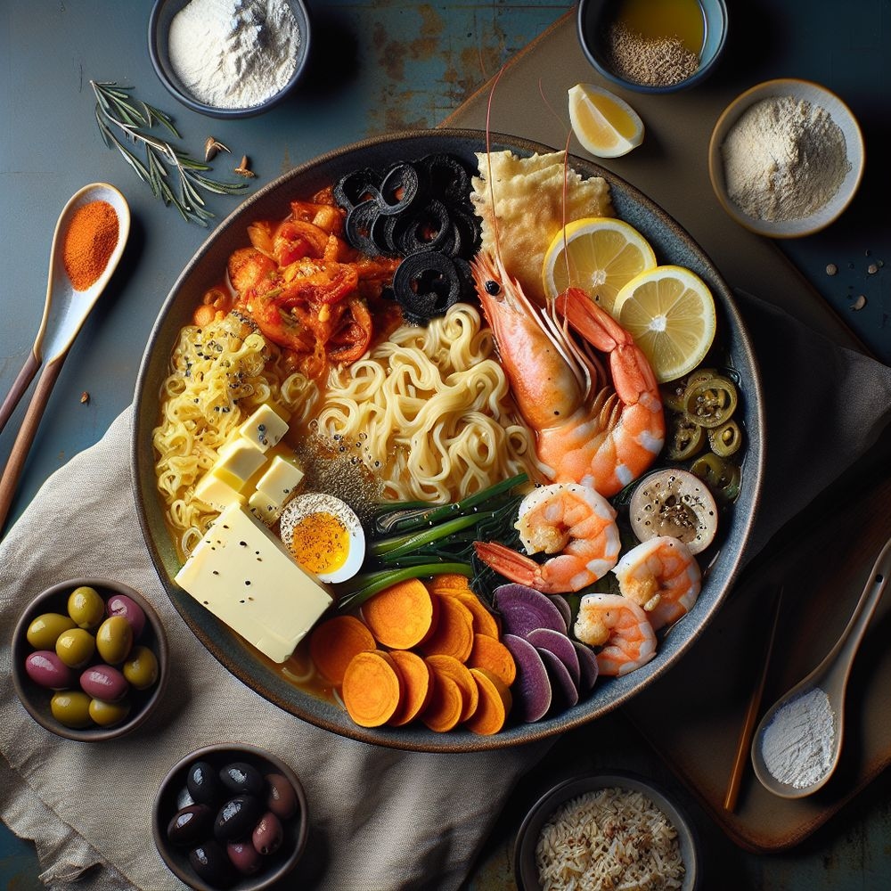 Butter Kimchi Ramen Noodles with Shrimp and Sweet Potato