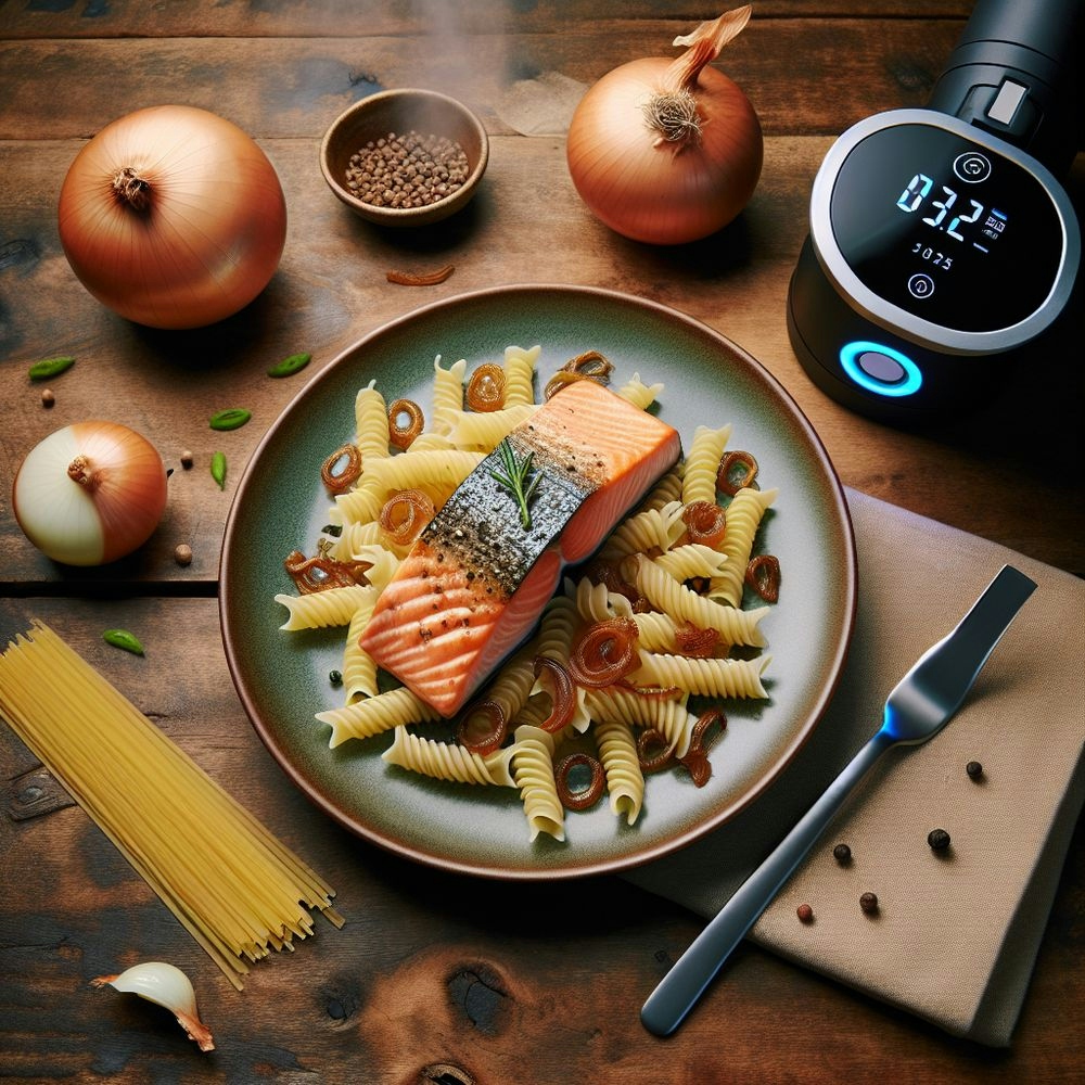 Sous Vide Salmon with Pasta and Caramelized Onions