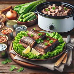 Slow-Cooked British Short Ribs with Lettuce and Canned Fish