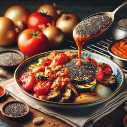 Spicy Chia Seed and Tomato Sauce Over Grilled Vegetables