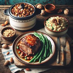 Greek-Inspired Roast with Green Beans and Nutty Pilaf