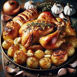 Roasted Garlic Chicken with Potato and Onion Bread