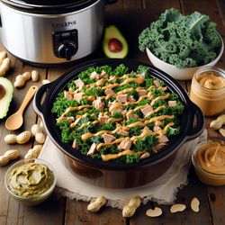 Vegan Tuna-less Kale Salad with Peanut Dressing (Crockpot Recipe for 4)