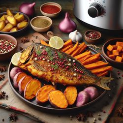 Spicy Air-Fried Indian Cod with Sweet Potato and Potatoes