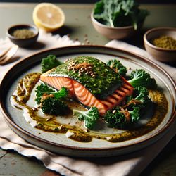 Grilled Salmon with Mustard Kale Pesto