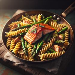 Spiced Indian Salmon Pasta with Asparagus