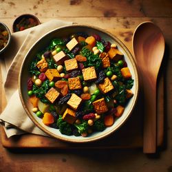 Japanese Tempeh and Kale Stir-Fry with Dried Fruits